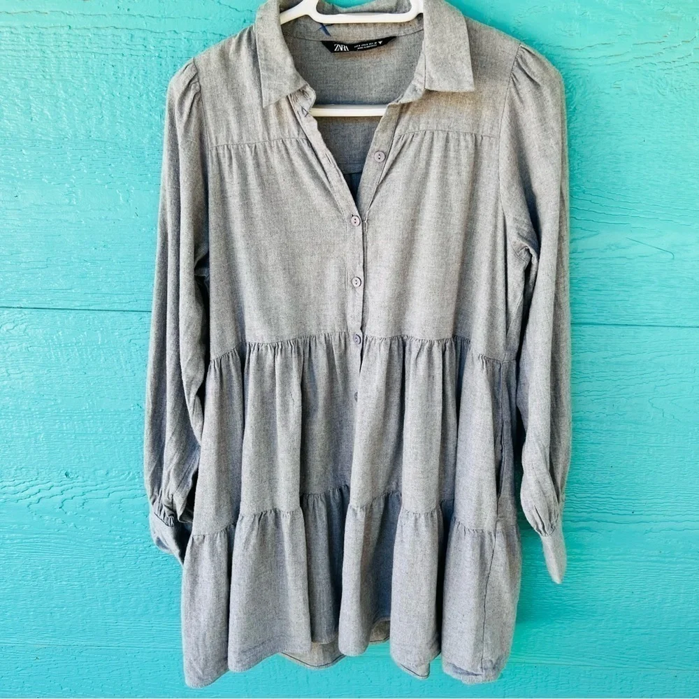 ZARA FLANNEL BUTTON DOWN BABY DOLL DRESS TIERED WITH POCKETS GRAY SIZE SMALL